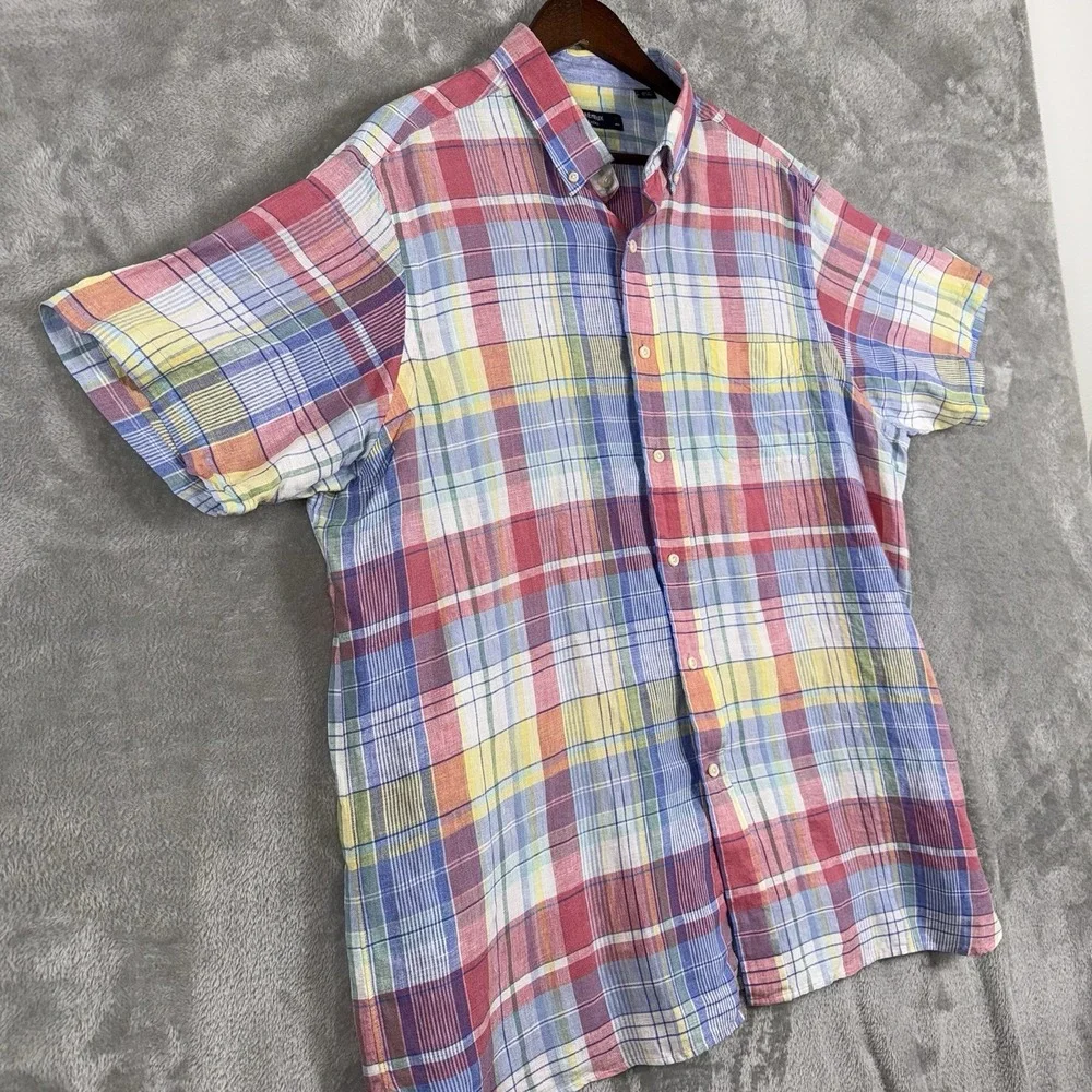 Cremieux Classics Men's‎ XL Rainbow Pastel Plaid Check ButtonUp Shirt 100% Linen